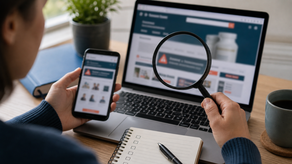 Magnifying glass over blurred suspicious health website screens on a desk