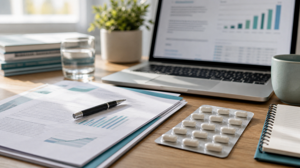 Research desk with blurred chart and neutral tablet blister for oral medicine news