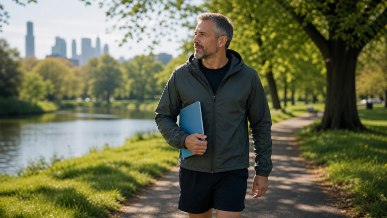 Adult walking in a UK park holding a health document folder