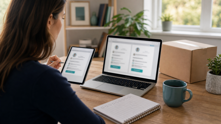 Person comparing provider profiles on laptop and tablet with a plain delivery box nearby