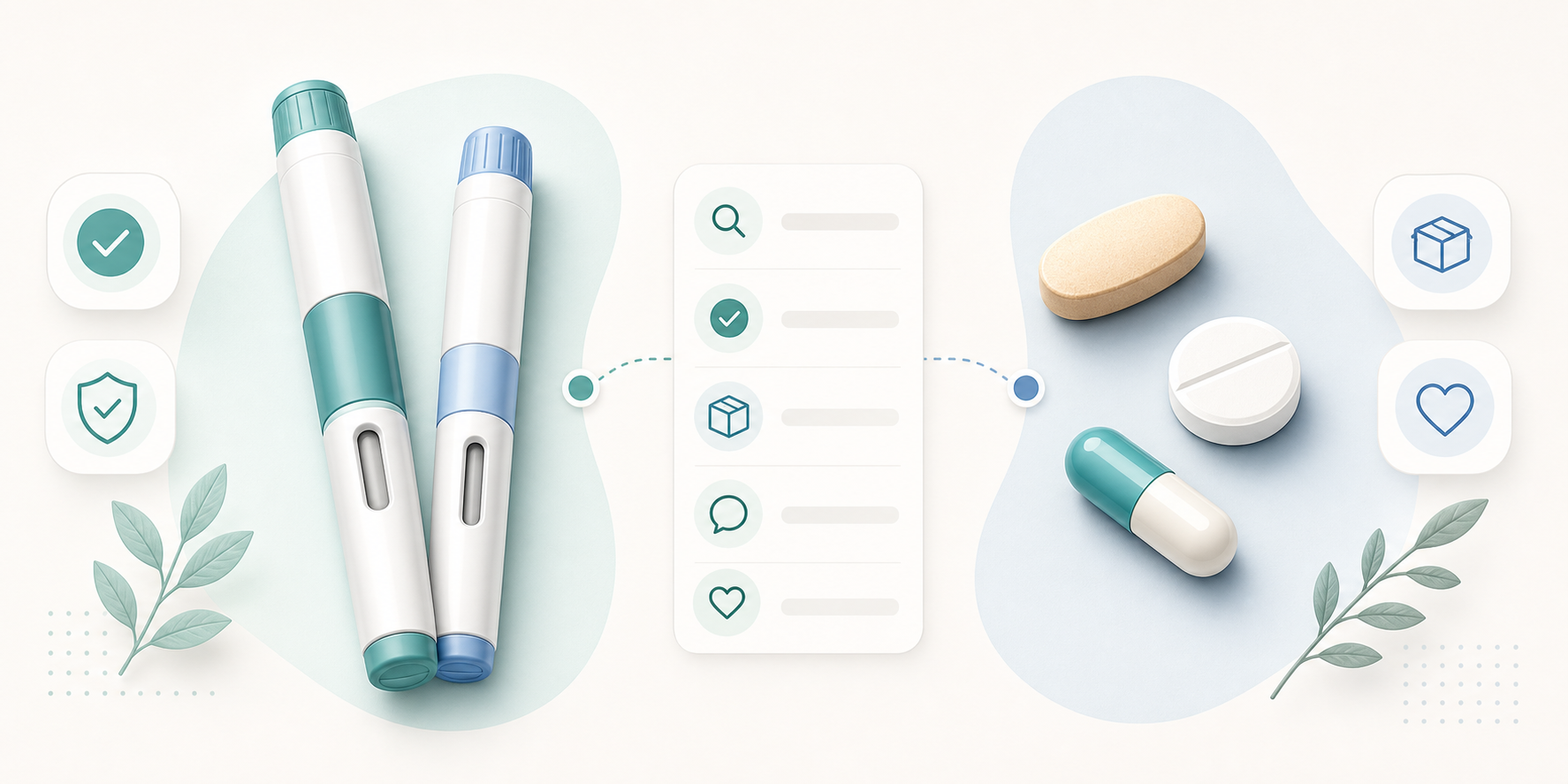 Illustration comparing weight-loss injection pens with tablet and capsule options.